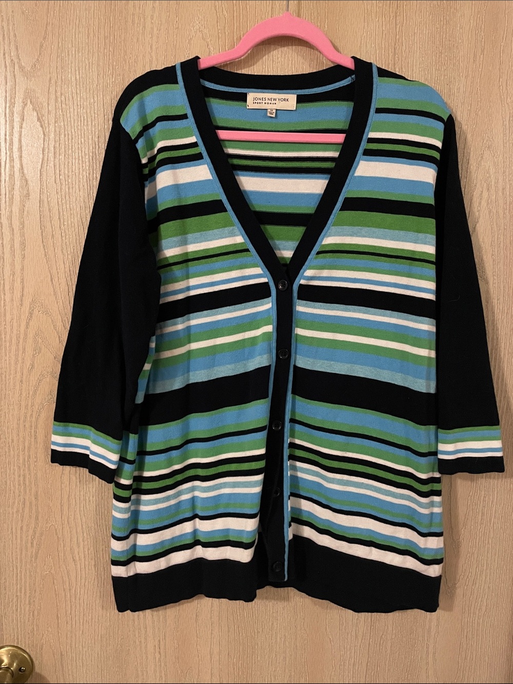 Jones New York Black V-Neck Striped Cardigan with Blue, Green & White